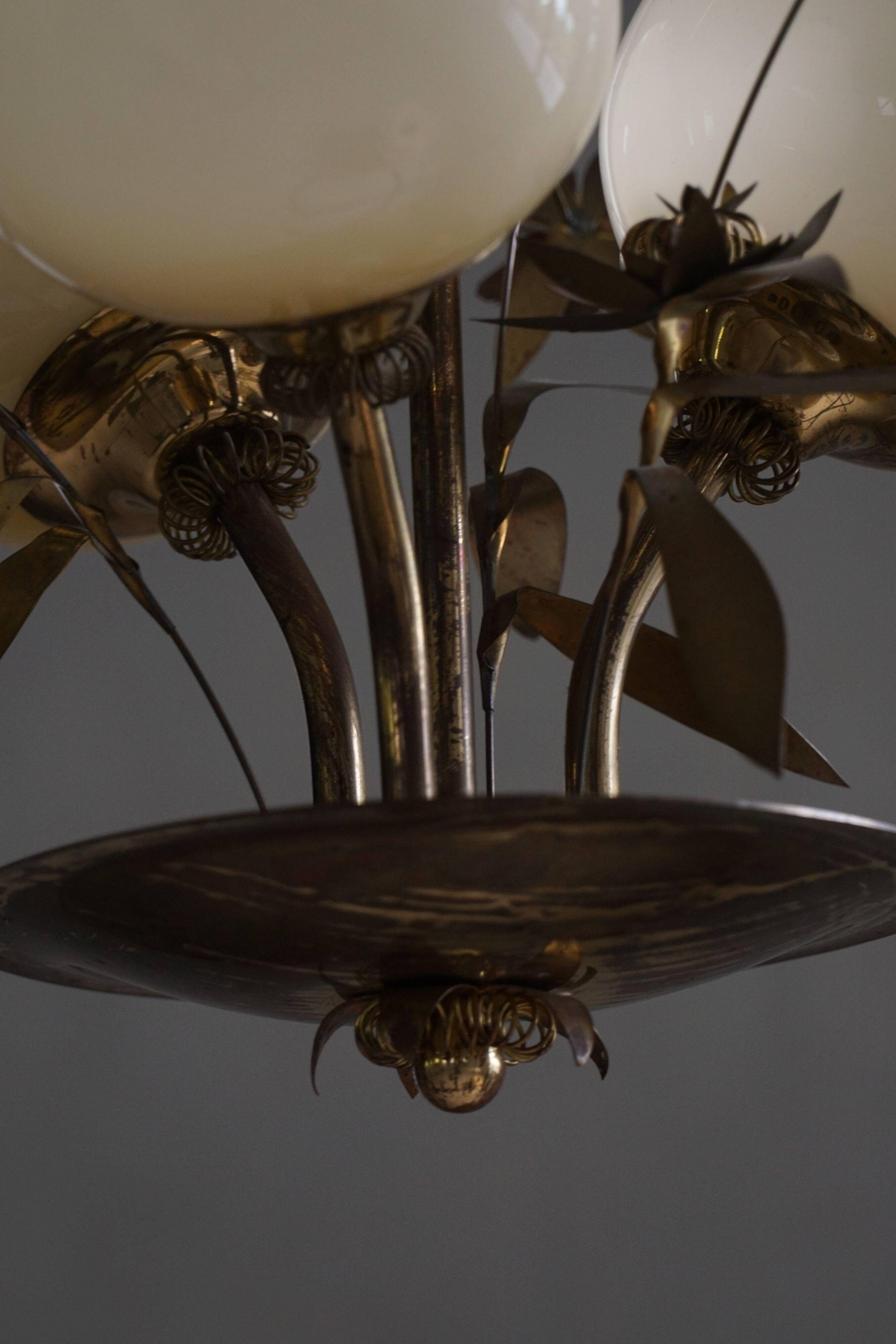 Mid-century glass and brass chandelier, model 501-3 by Stockmann, Finland, 1940s.