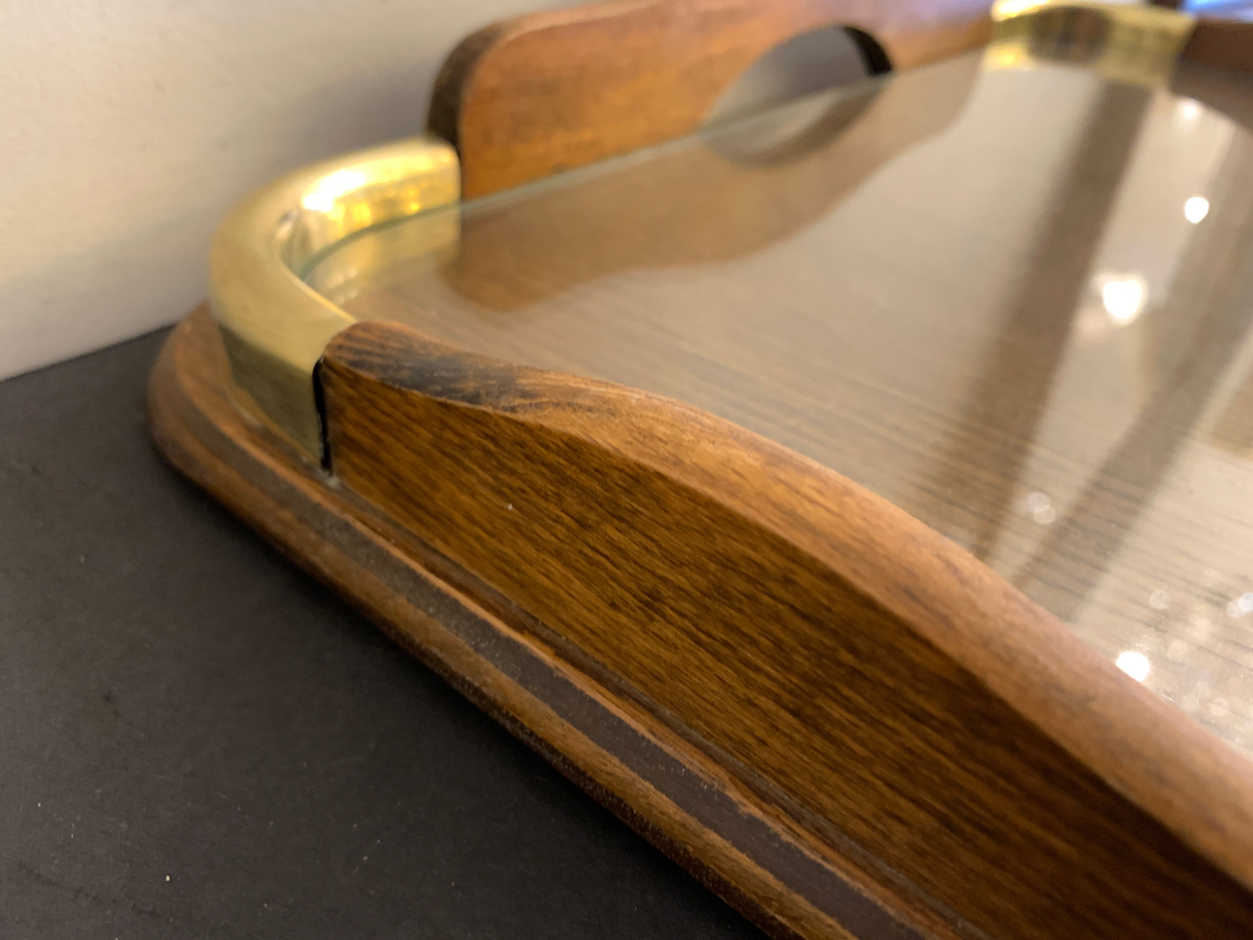 Serving tray in wood, brass and glass, 1960