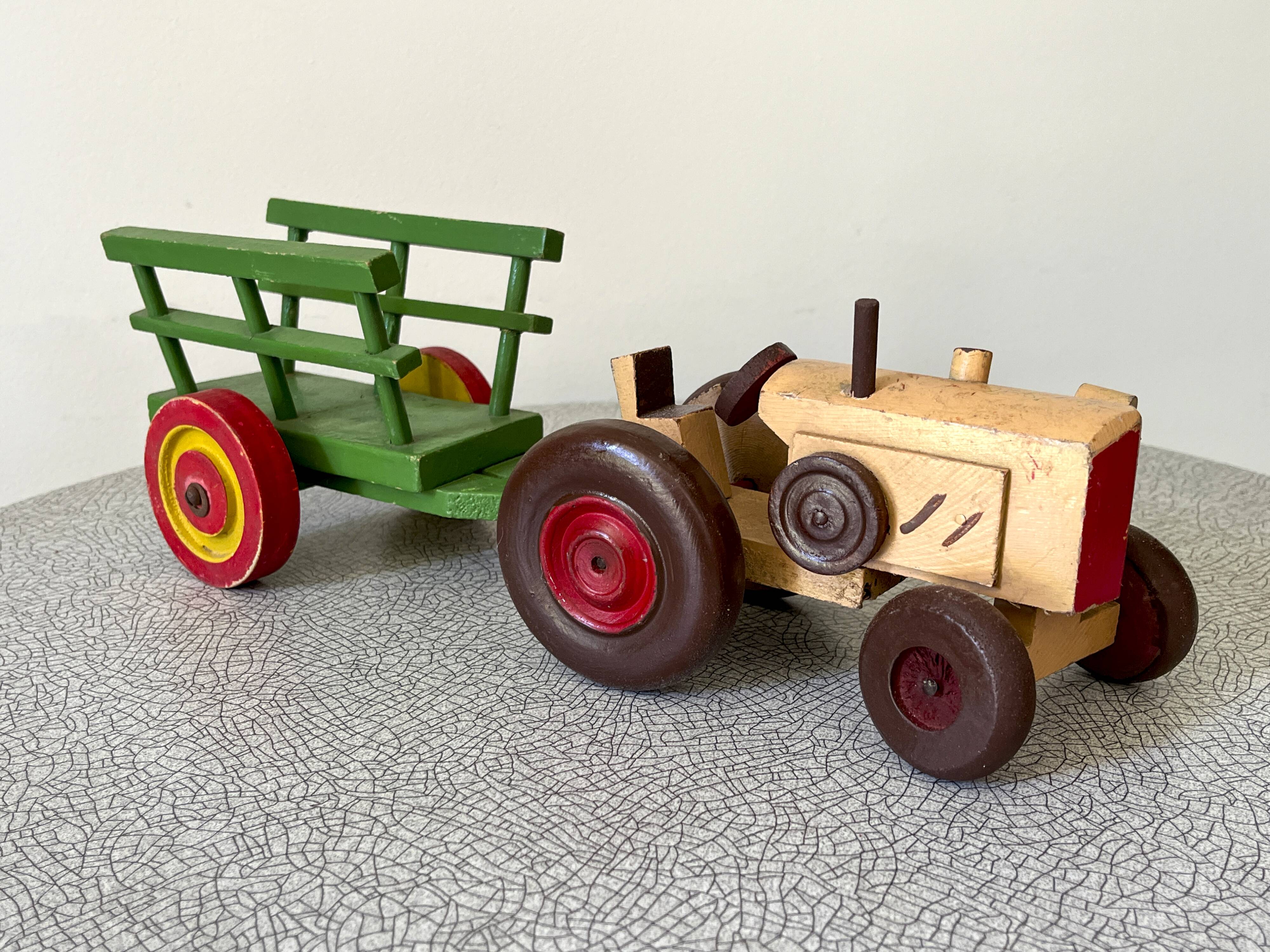 Wooden tractor with trailer, antique toy