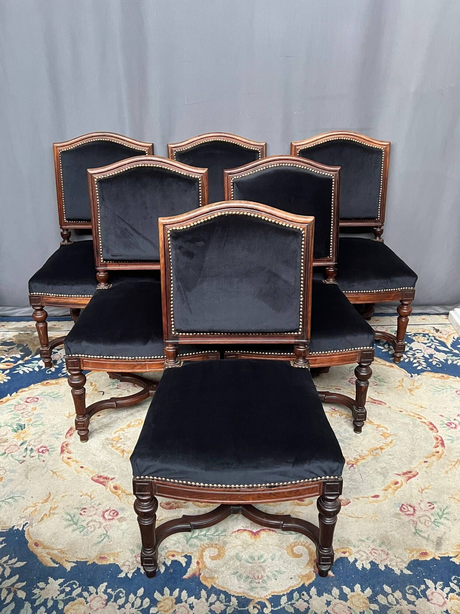 Antique Louis XVI style chairs. Set of 6. Solid rosewood. New upholstery.