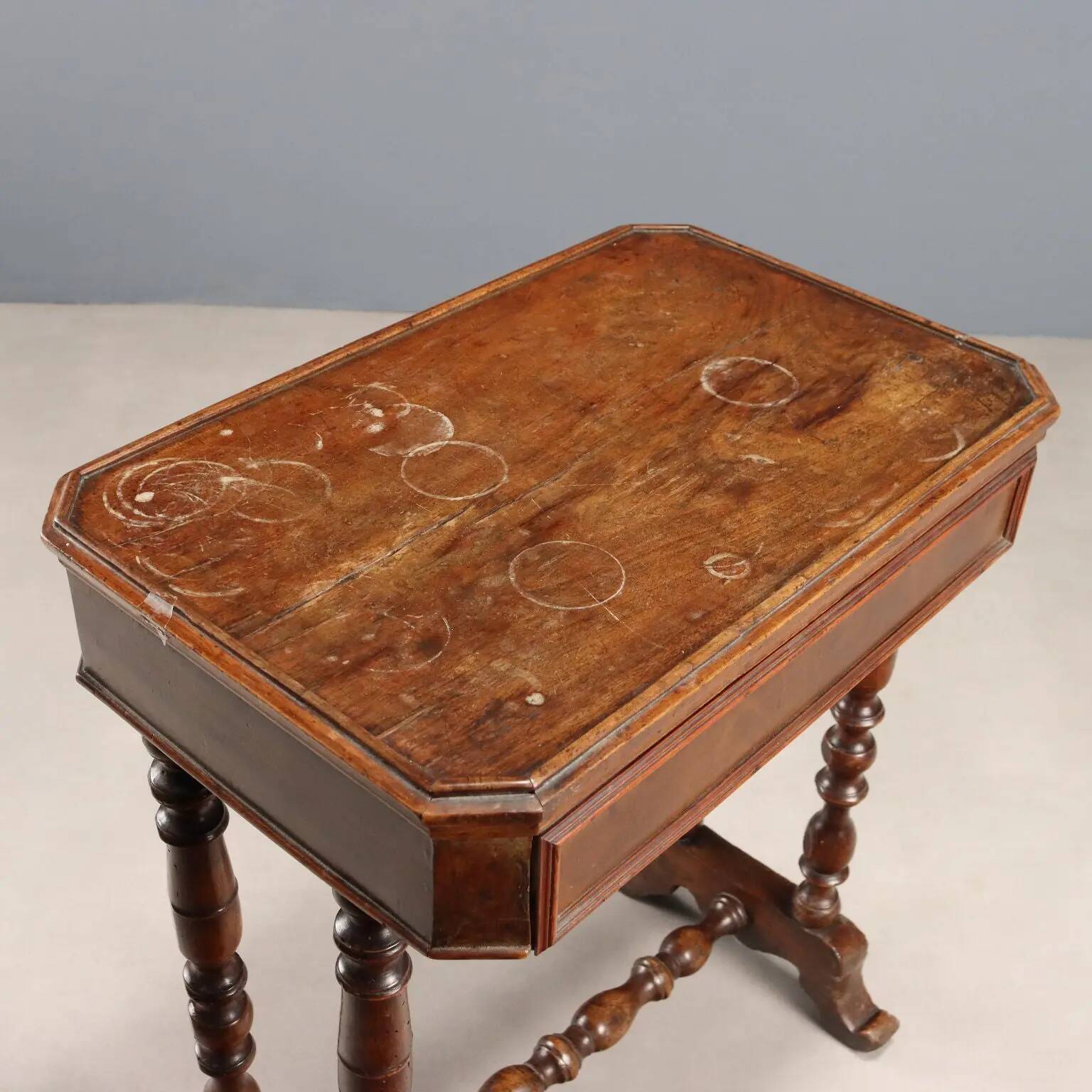 Antique walnut sewing table with drawer, Italy, mid-19th century.