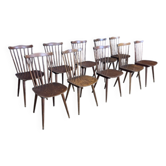 Set of 10 wooden bistro chairs model Menuet Baumann France 1960s