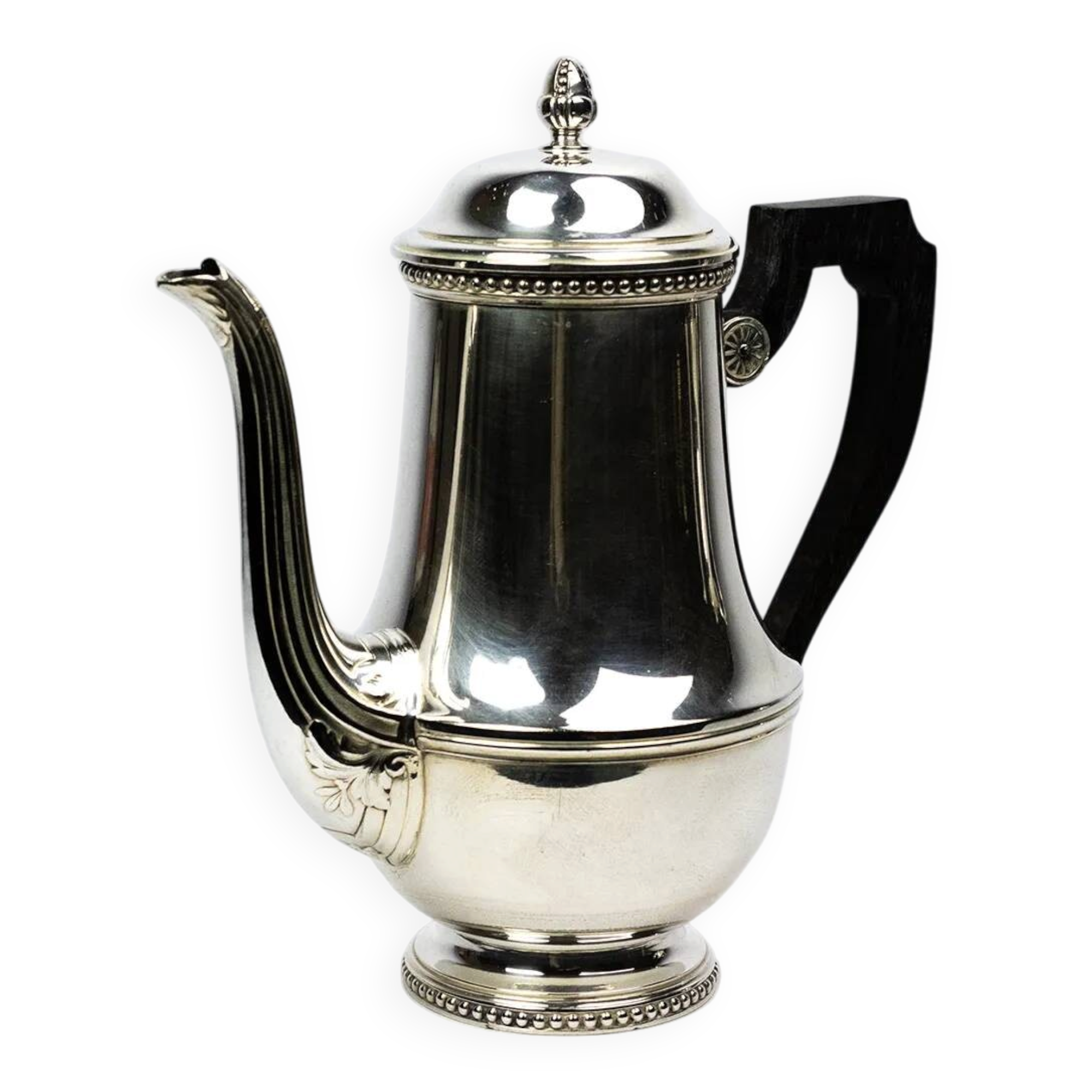 Silver-plated metal coffee pot Ercuis — decorated with bead friezes, ebony handle.