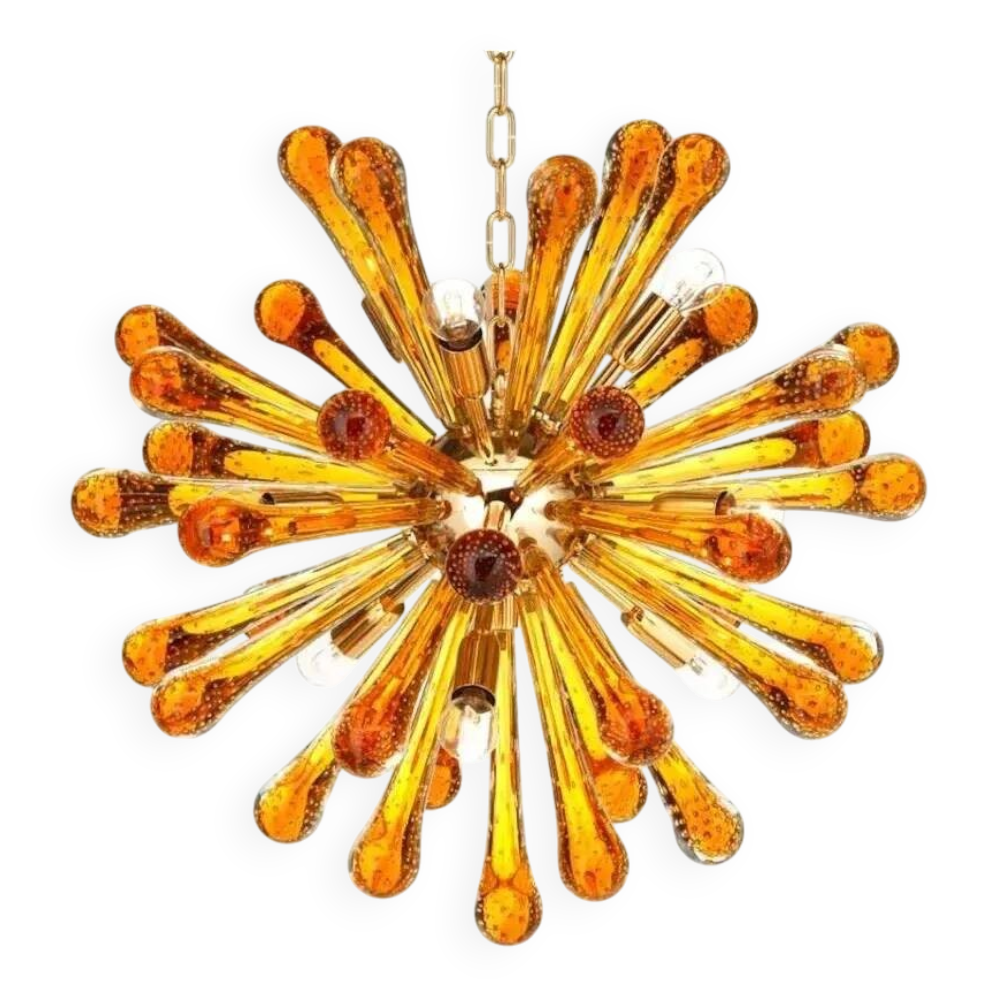 Murano Glass Sputnik Chandelier with Gold Frame and Amber Air Drops