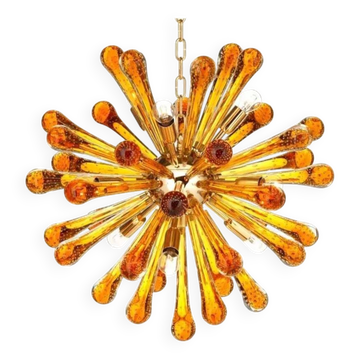 Lustre Sputnik en verre de Murano avec structure dorée et pampilles d'ambre