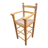 Chaise haute enfant paillée et bois vintage