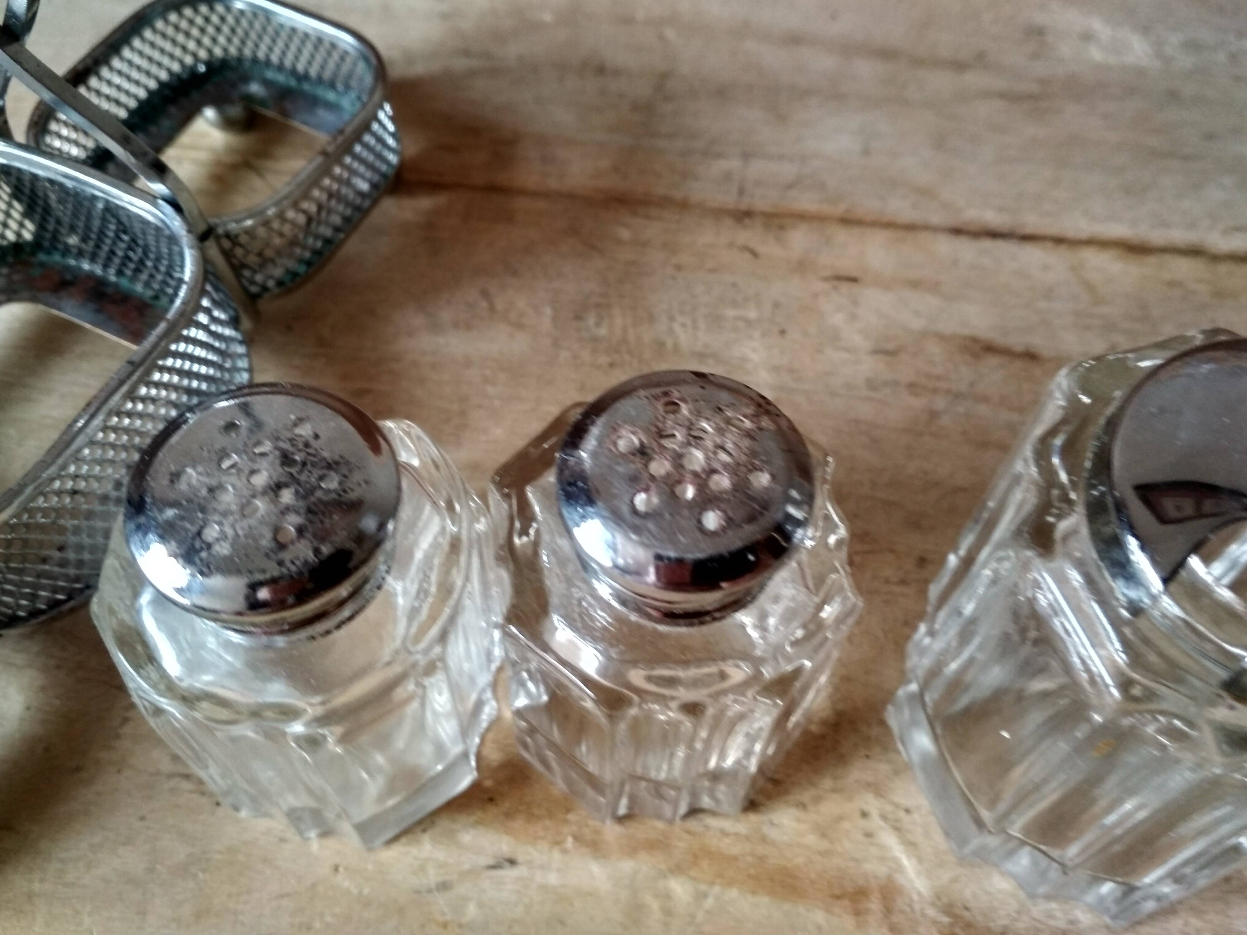 Set of 2 small salt pots and mustard pot in molded glass on their metal servant