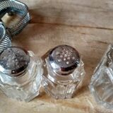 Set of 2 small salt pots and mustard pot in molded glass on their metal servant