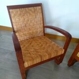 Pair of Art Deco woven rattan armchairs and table