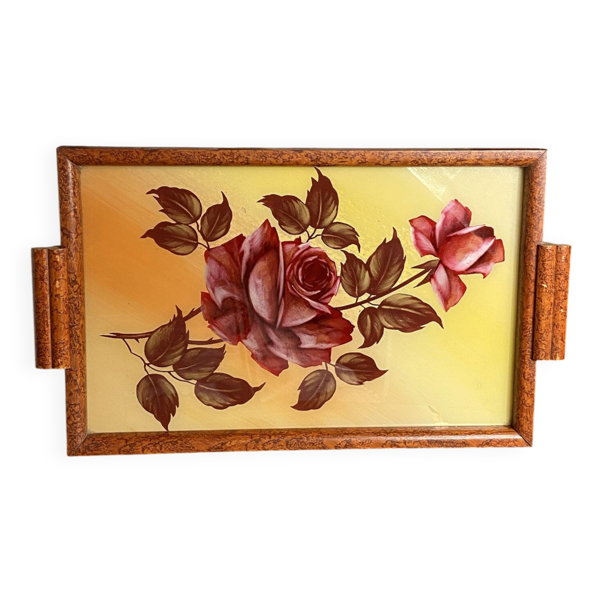 Plateau en bois, décor floral, Art déco