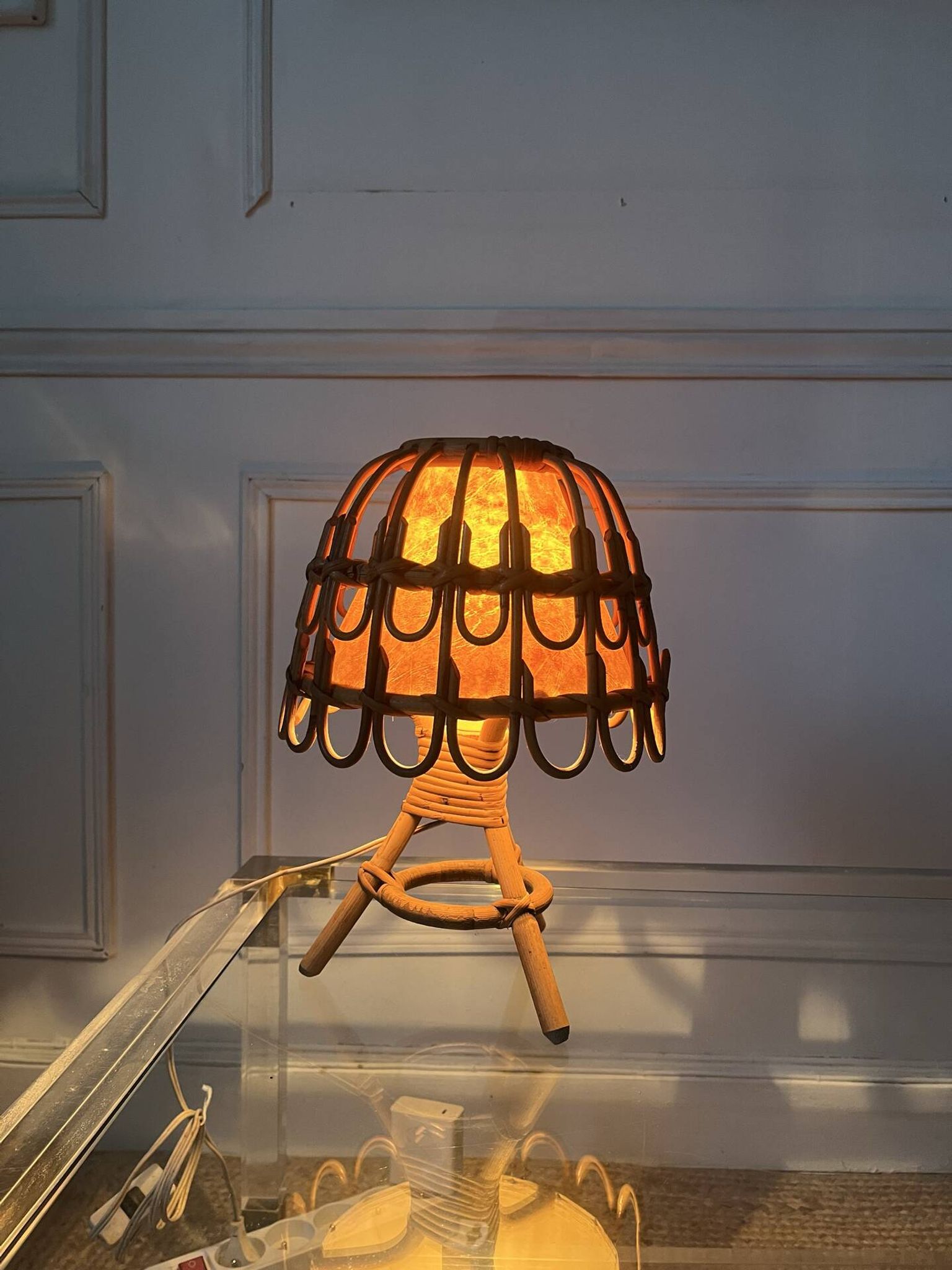 Mid-Century Rattan and Wicker Lamp by Louis Sognot, France, 1960s.