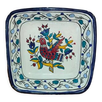 Old square dish square cut in polychrome glazed ceramic Nabeul Tunisian with bird decoration