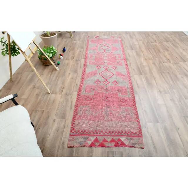 1970s Vintage Turkish Oushak Handmade Wool Cotton Pink Runner Rug 90x312