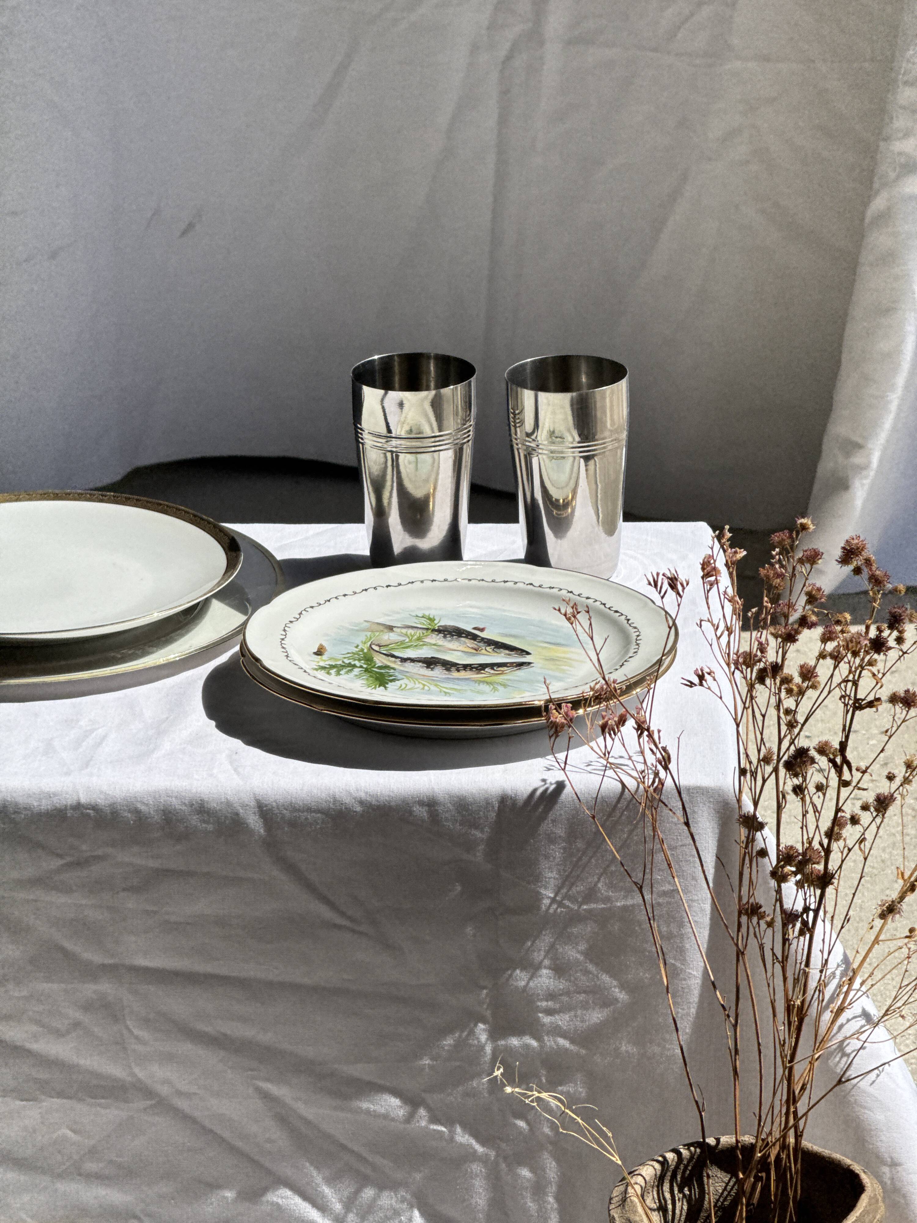 Set of 6 vintage Limoges porcelain plates with fish design.