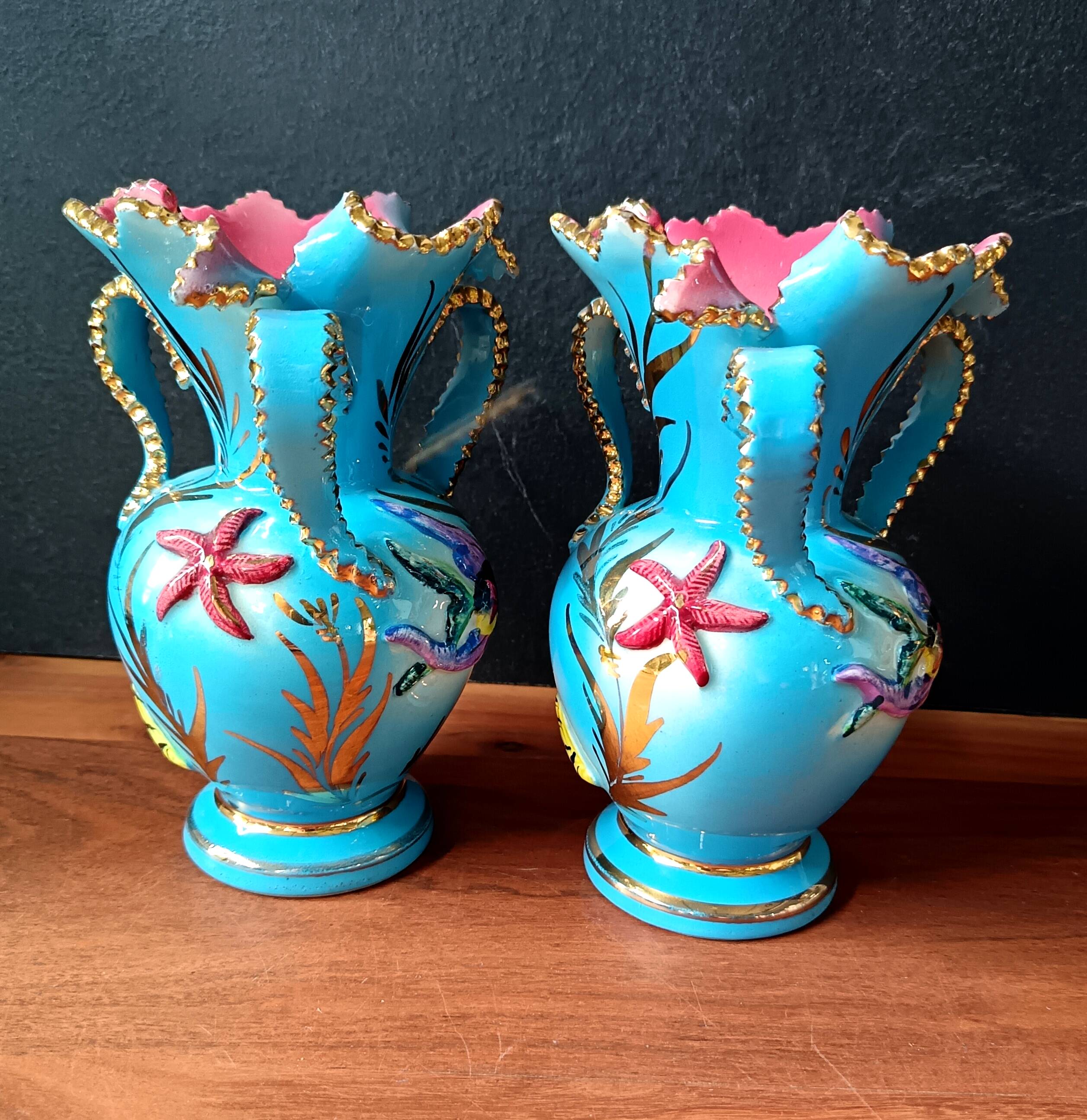 Pair of vintage blue pink ceramic VASES Ceroc Monaco