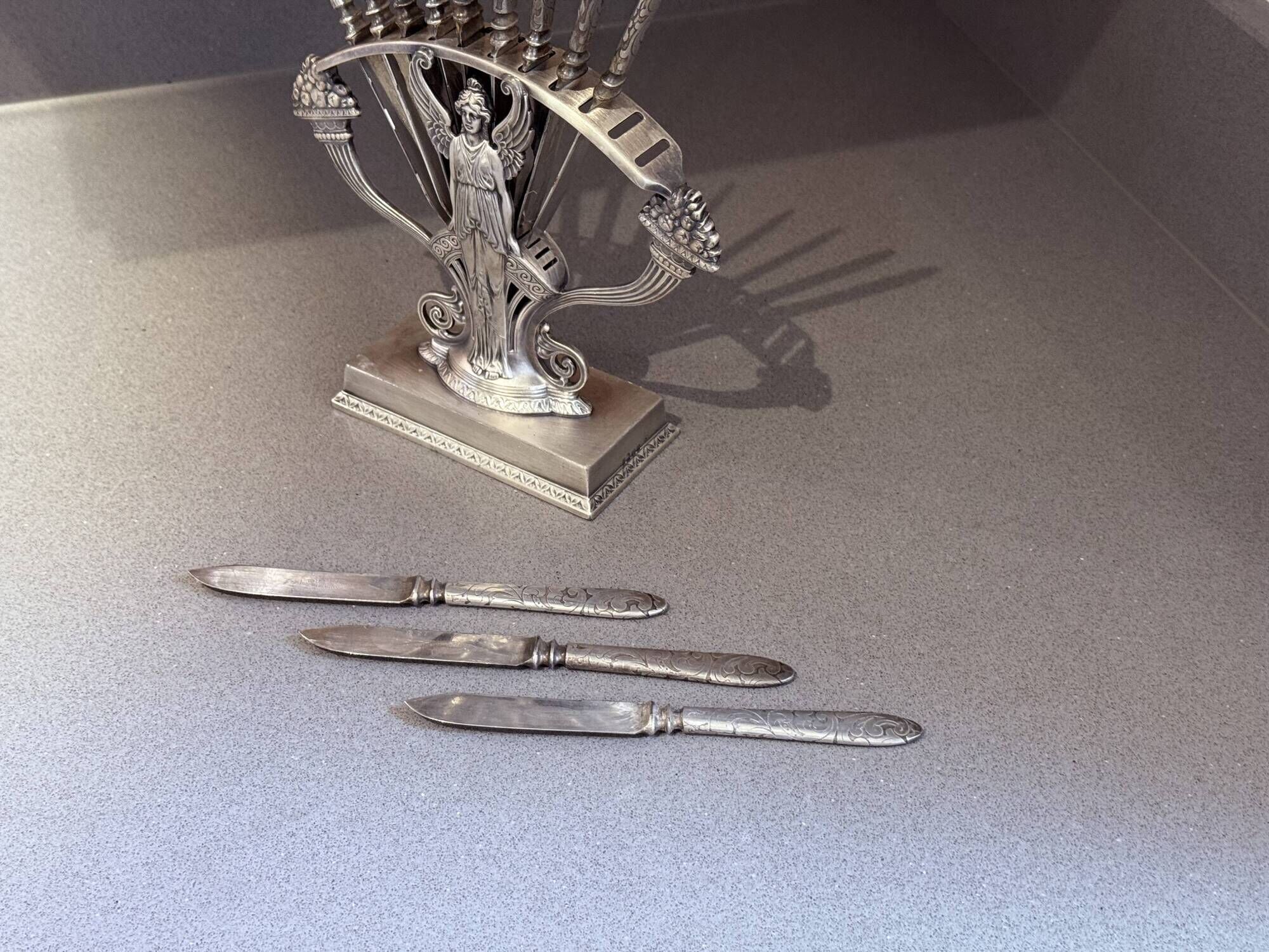 Rare Antique Art Nouveau Knife Set, Silver Plated 12 Fruit Knifes & Decor Stand
