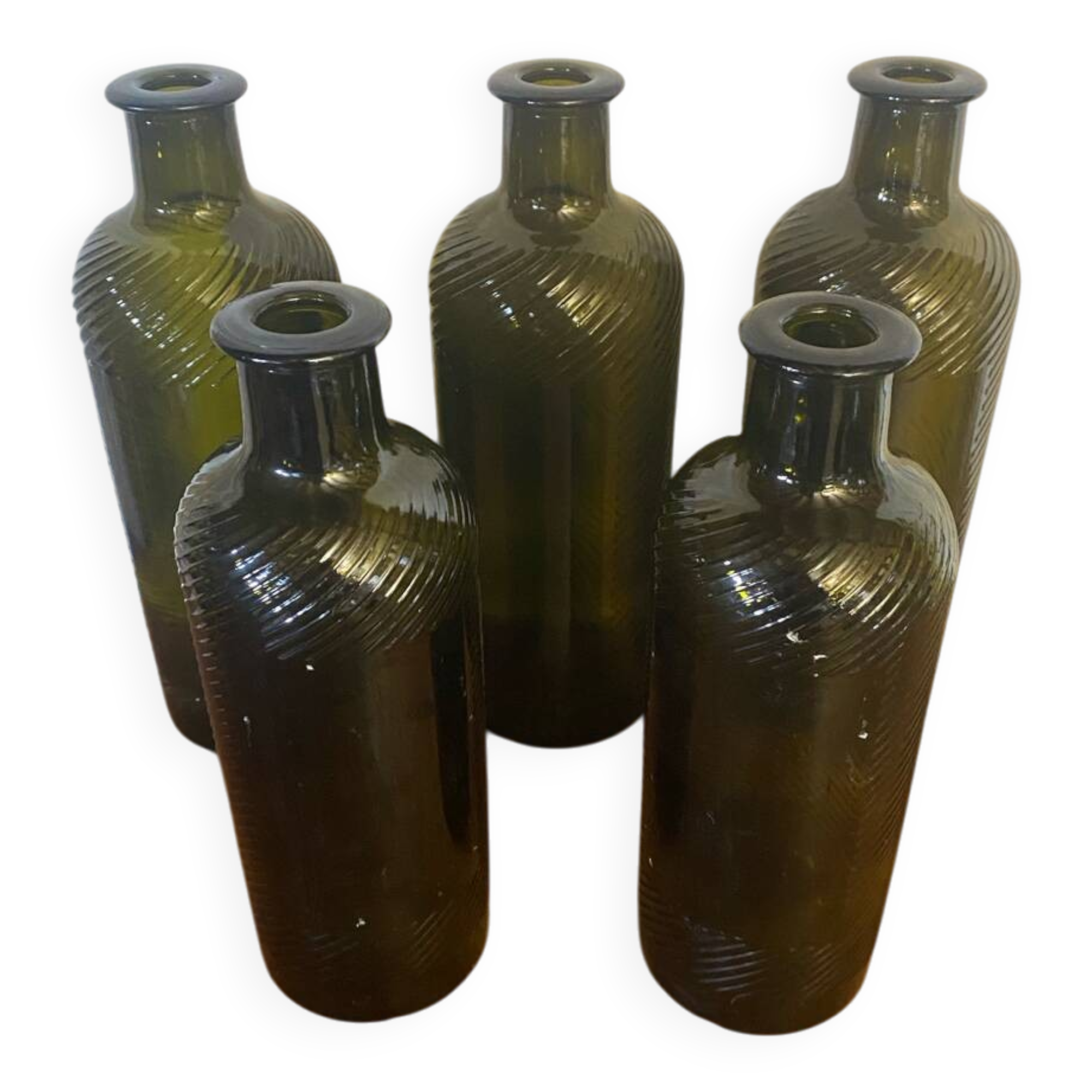 Set of 5 antique carapelli bottles, smoked and ribbed vintage glass