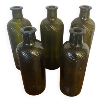 Série 5 bouteilles anciennes carapelli verre fumé strié vintage