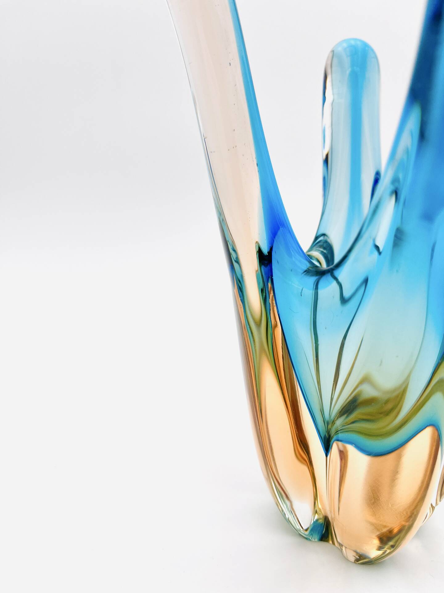 Murano Sommerso Blue Turquoise & Amber Vase Sculpture with 4 Branches 19.5cm