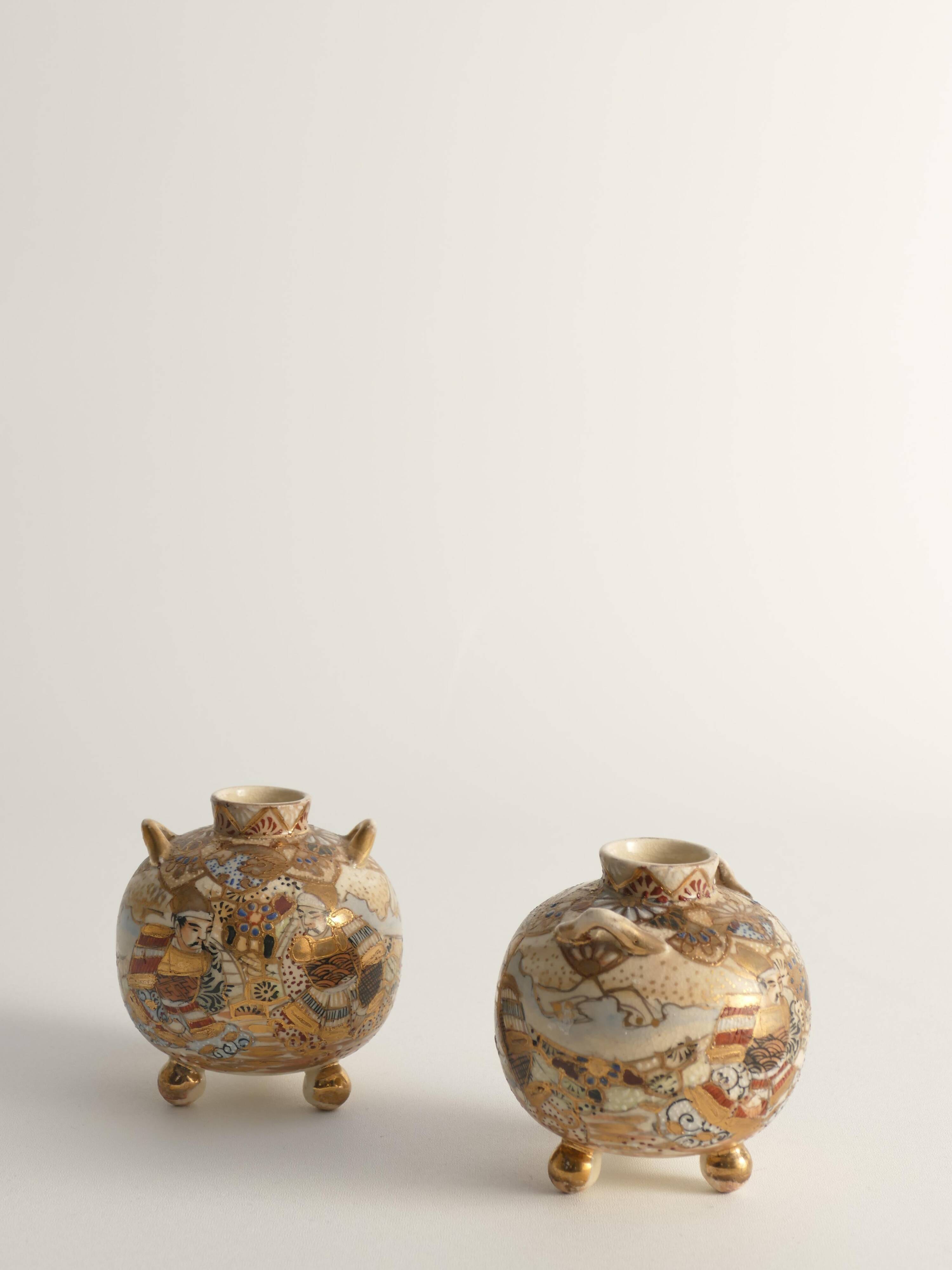 Satsuma Earthenware Vases, Hand-Painted Polychrome, Japan, Set of 2