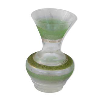 Green granite glass vase, transparent and gold edged, vintage 1950