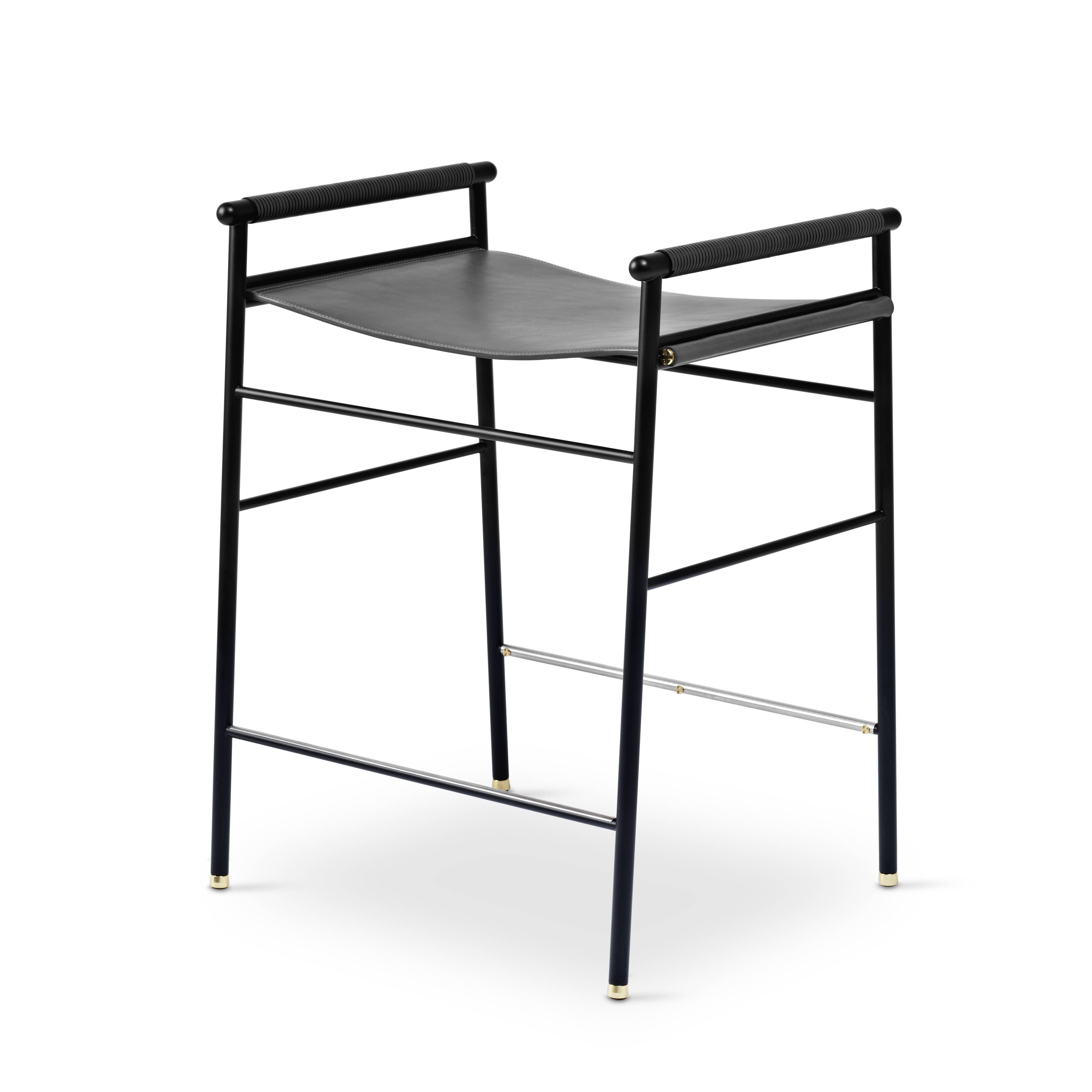 Set of 5 contemporary Artisan bar stools, black leather, black rubber.