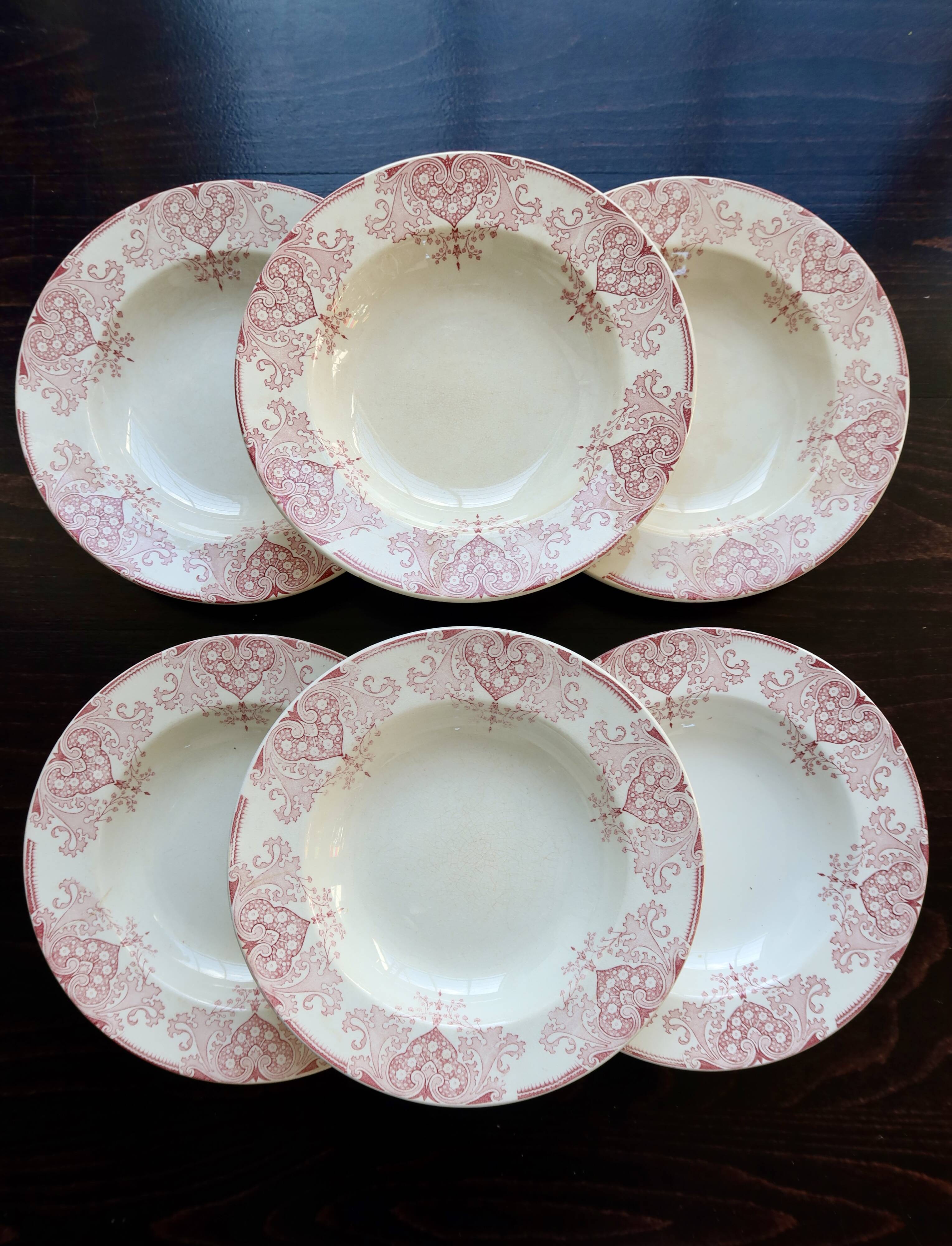 6 vintage Lunéville ironstone soup plates - “Mauresque” red