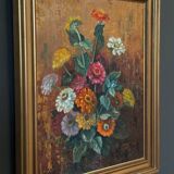 Oil on panel by Picquet still life bouquet of flowers 20th century