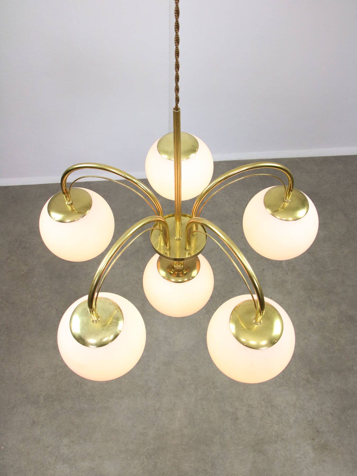 Vintage Golden & Opaline Glass 5-Arm Chandelier, 70s