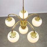 Vintage Golden & Opaline Glass 5-Arm Chandelier, 70s