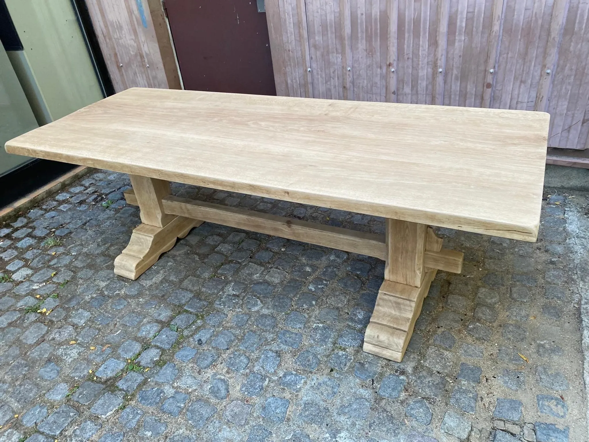 Large stripped monastery table in raw solid oak 225cm 1970