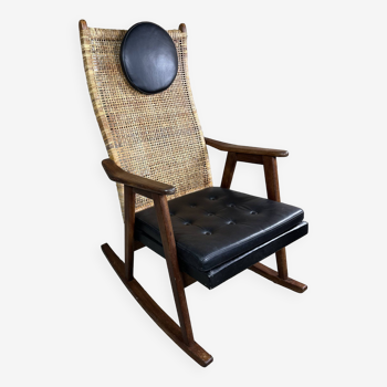 PJ Muntendam rocking chair in teak and rattan vintage 1950