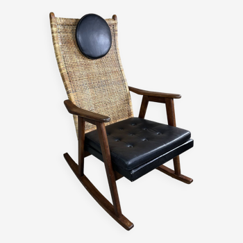 Rocking chair P.J Muntendam en teck et rotin vintage 1950
