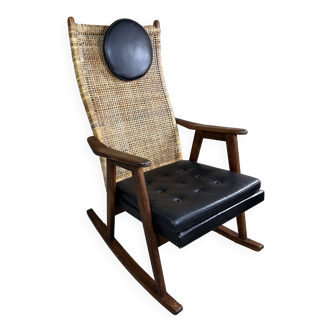 PJ Muntendam rocking chair in teak and rattan vintage 1950