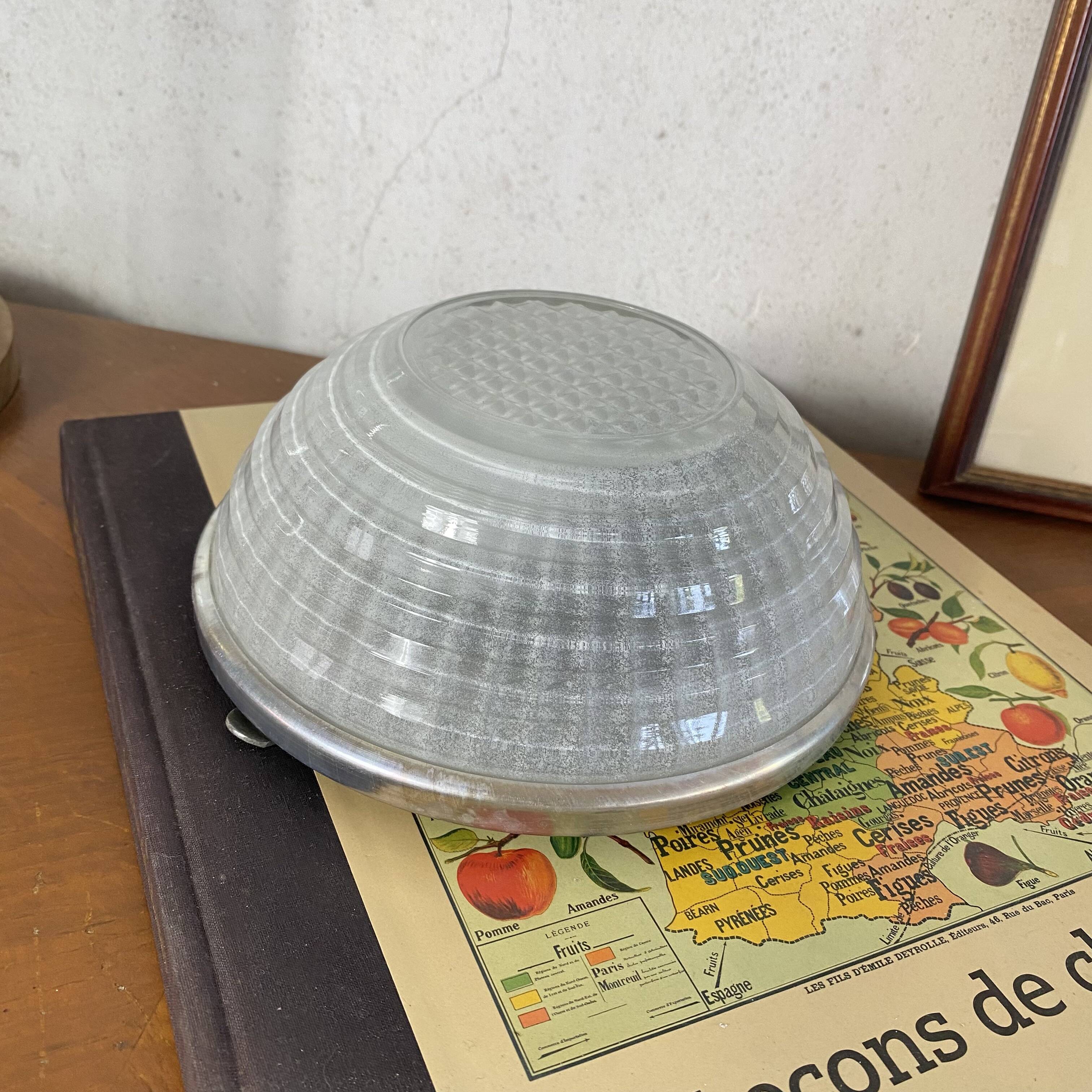 Small round ceiling light fixture in glass and aluminium, vintage design.