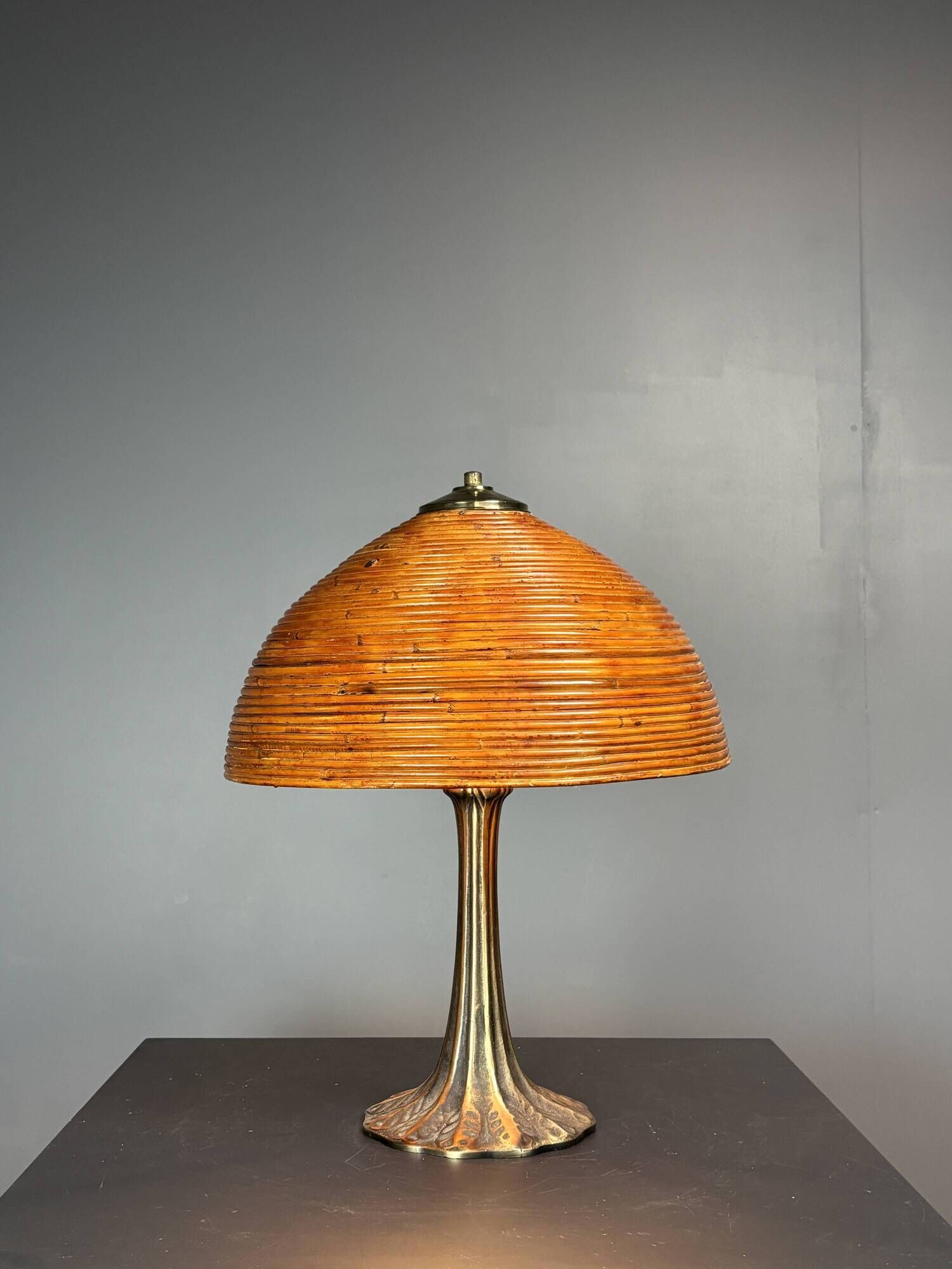 Midcentury mushroom pencil reed rattan bamboo and brass table lamp, 1970s