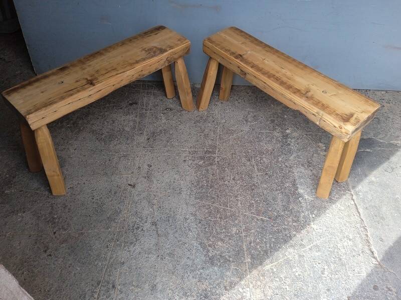 Pair of 2 patinated solid wood benches / stools