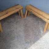 Pair of 2 patinated solid wood benches / stools