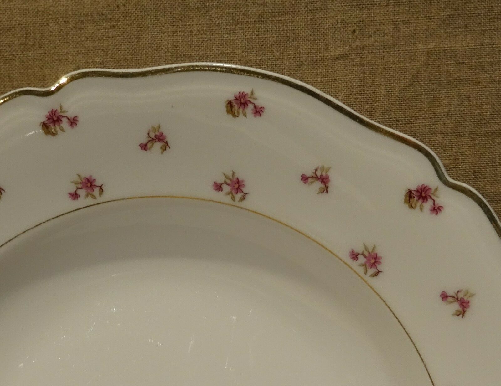 Set of 8 old plates hollow porcelain Limoges decoration pink flowers golden liseret