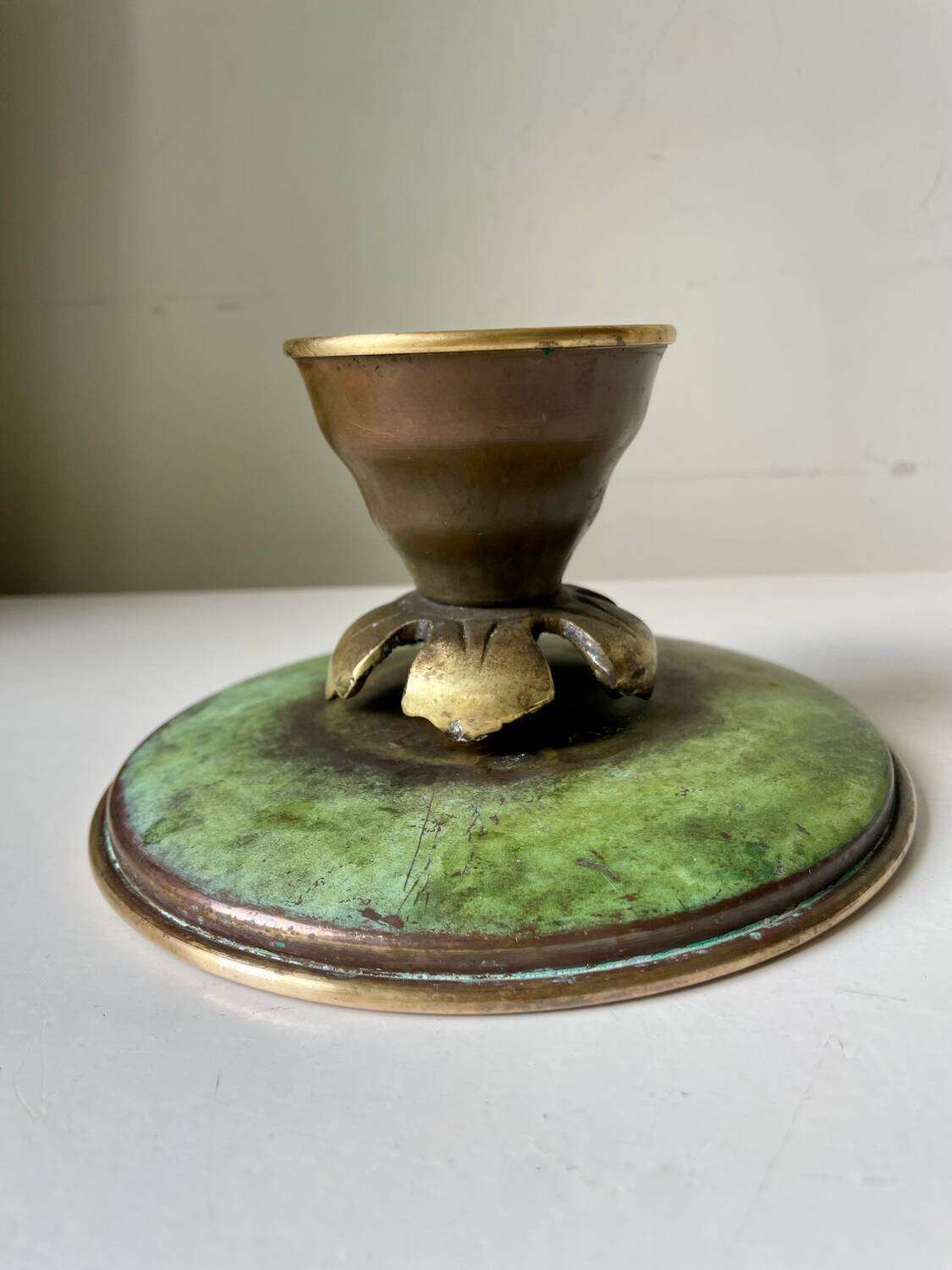 Scandinavian ART DECO candle holder in Bronze with verdigris patina
