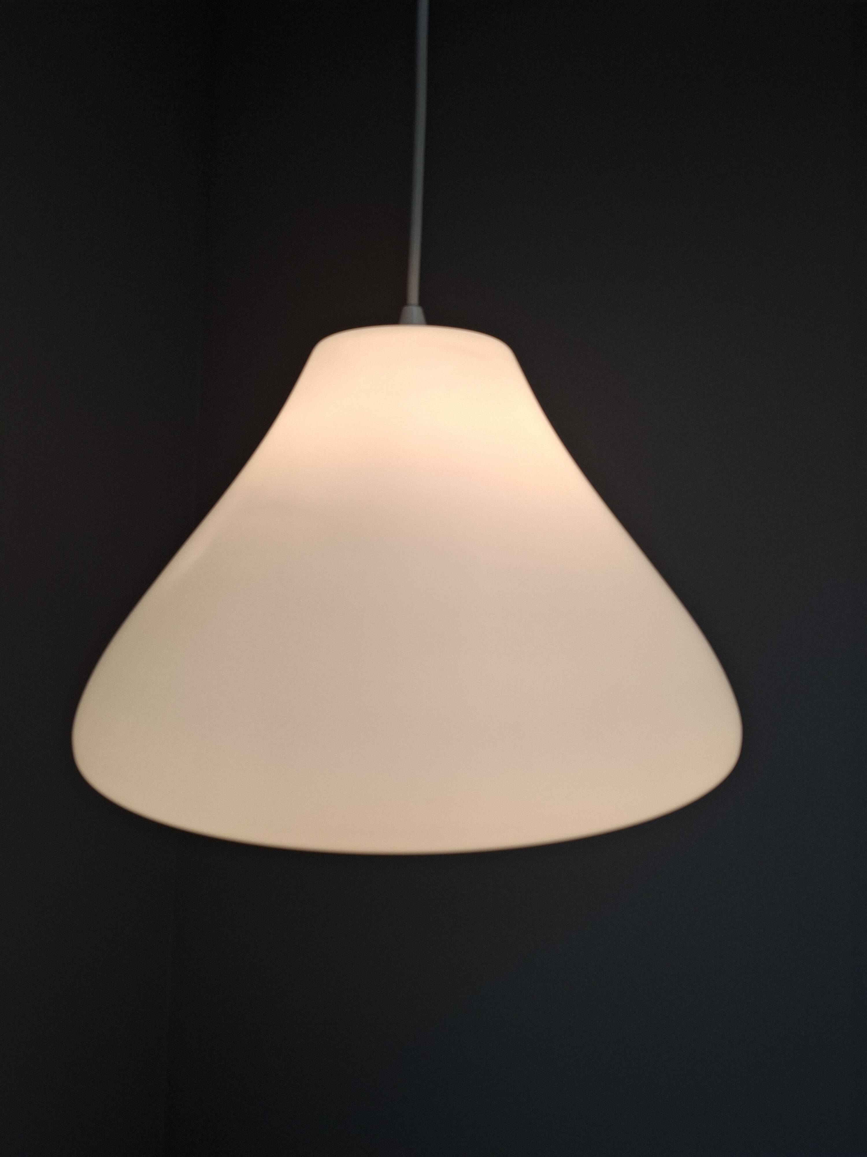 Czechoslovak Midcentury Modern Pendant Light in Opaline Glass and Plastic,