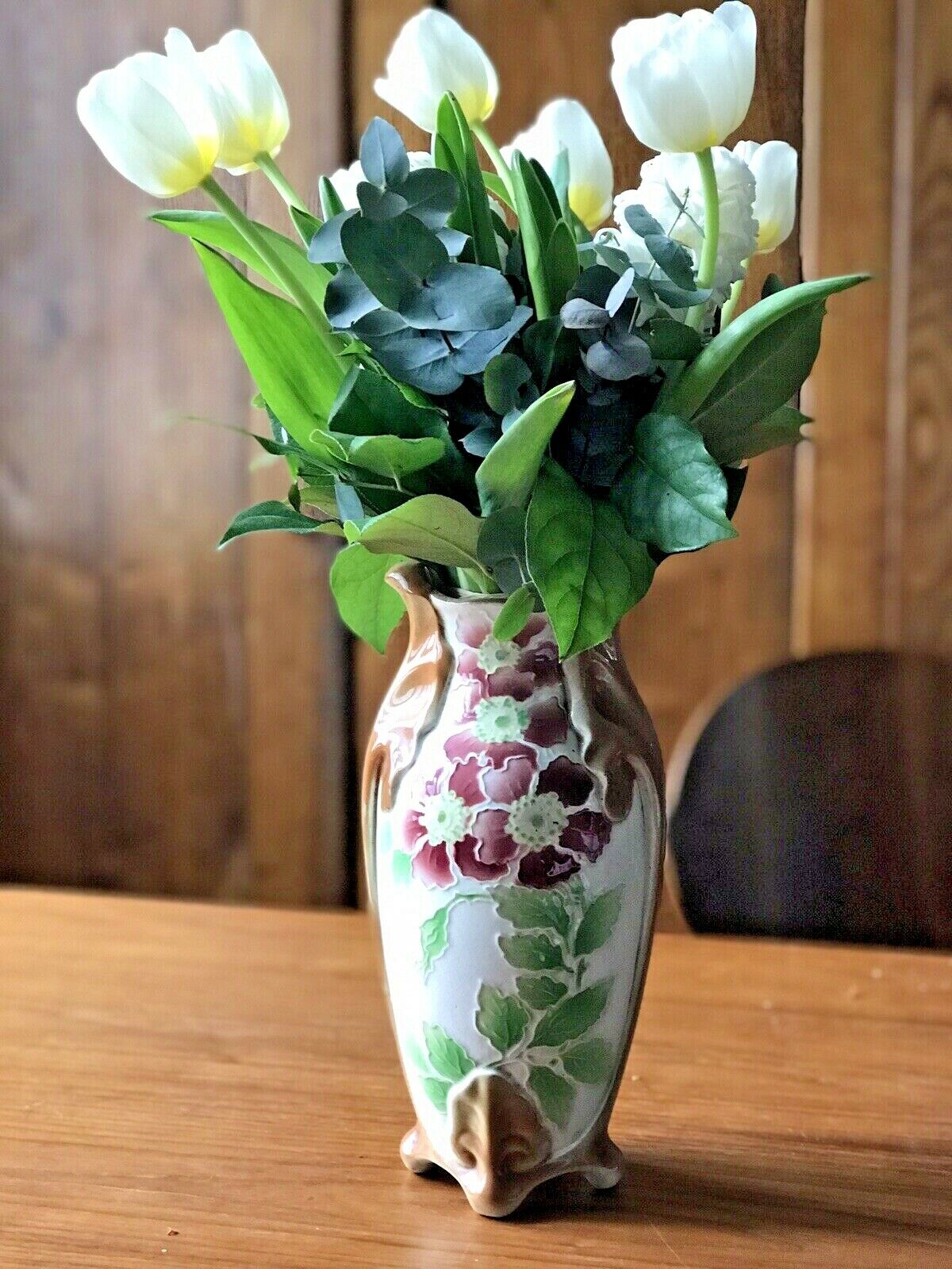 Saint-clément art nouveau vase signed ck in barbotine with decor de fleurs bordeaux