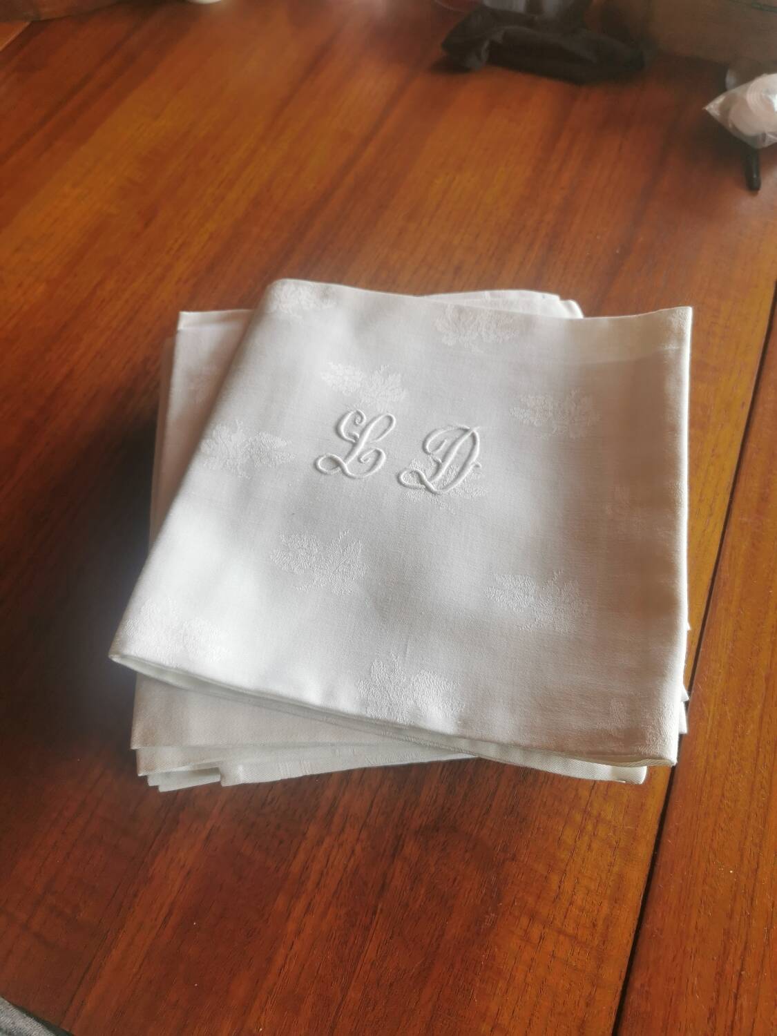 12 old damask linen towels monogrammed LD
