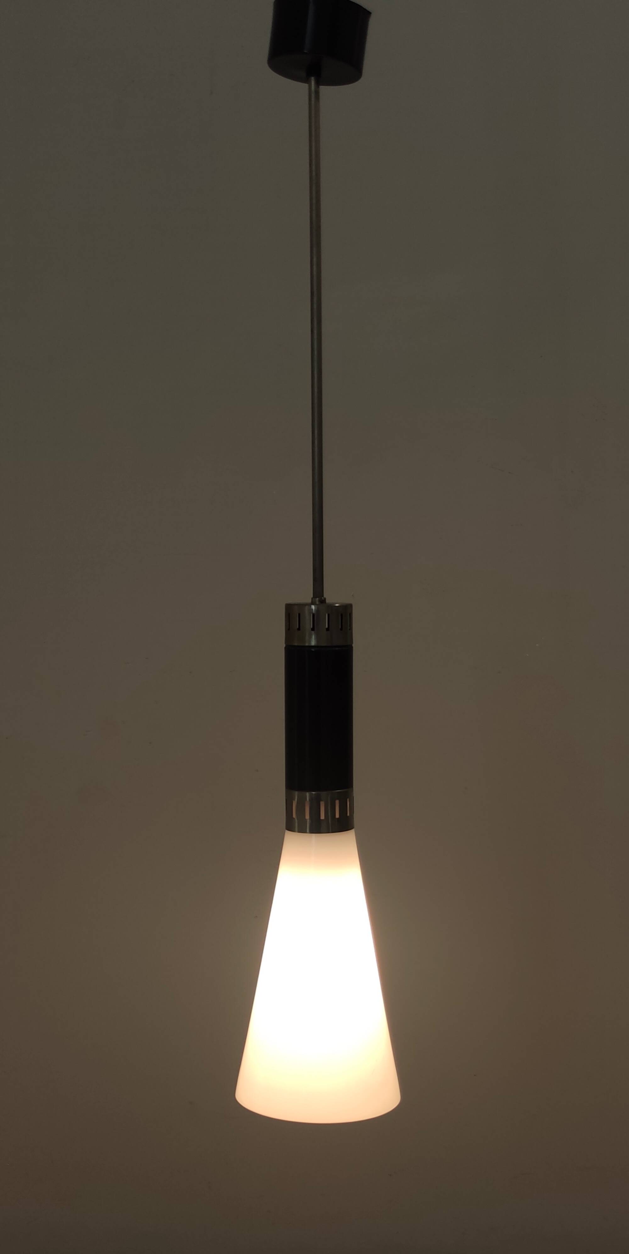 Opaline Glass and Chrome-Plated Brass Pendant by Stilnovo, Italy