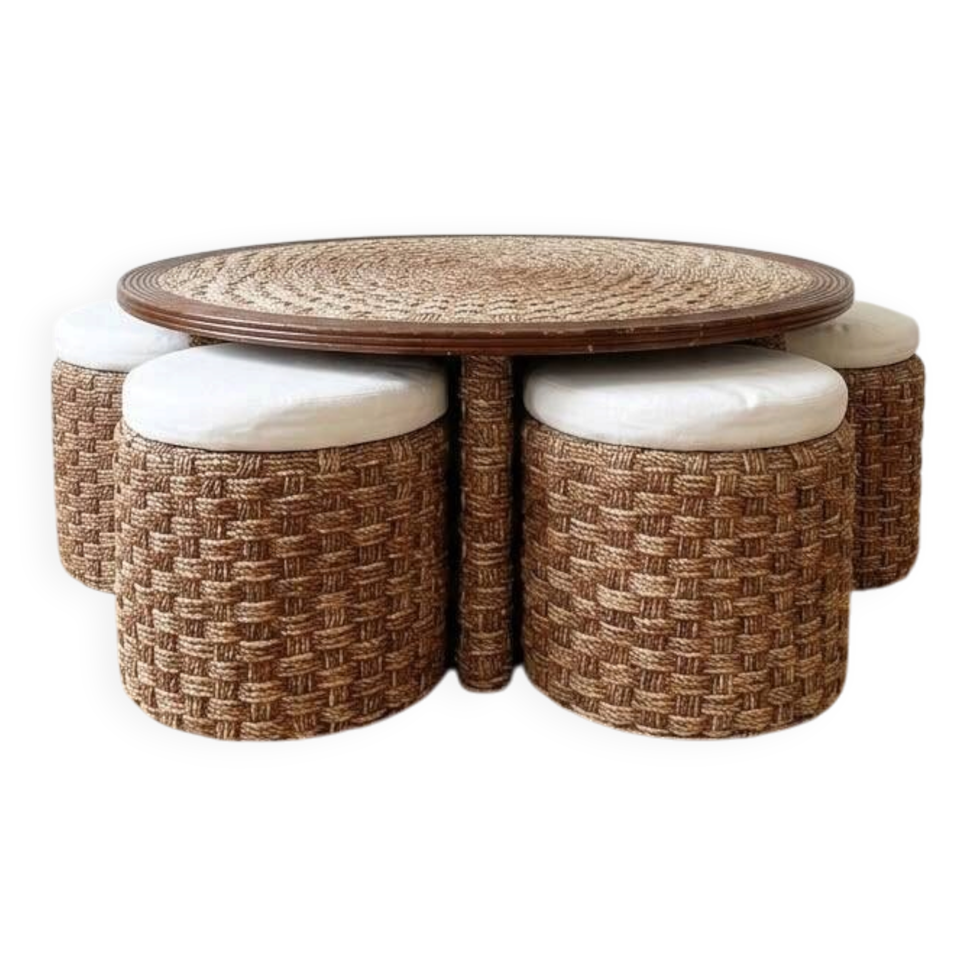 Ensemble table basse et 4 poufs encastrables vintage en corde tressée