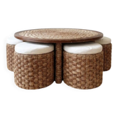 Vintage coffee table set with 4 stackable poufs in braided rope.