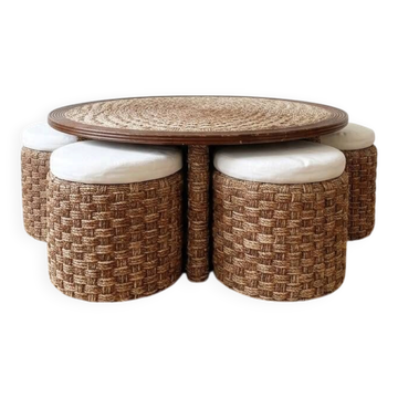 Ensemble table basse et 4 poufs encastrables vintage en corde tressée