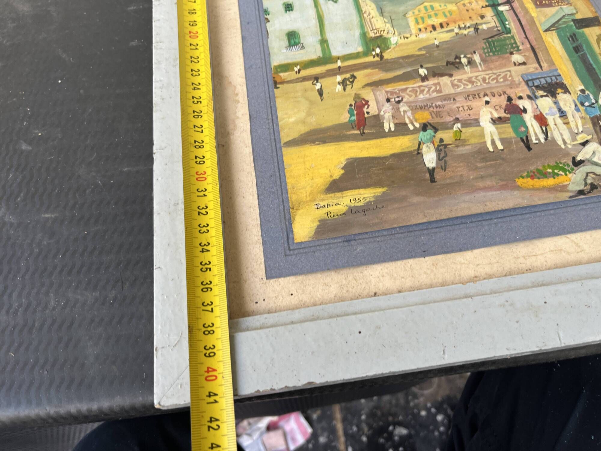 Tableau by Pierre Lagache, street scene in Bahia, Brazil, 1955, signed, framed.