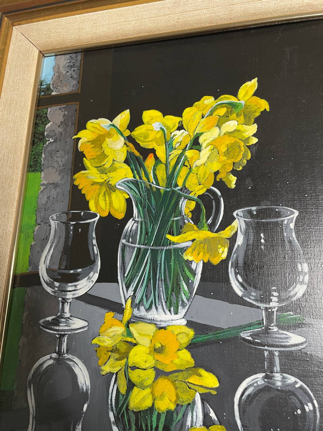 Oil on canvas signed Jordi Vall Escriu Yellow narcissus and two cups