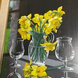 Oil on canvas signed Jordi Vall Escriu Yellow narcissus and two cups